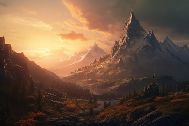 Lonely mountain landscape sunset Generate Ai