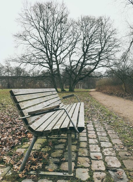 Lonely old wooden bench outdoor in Brunevang, Rodovre, Denmark