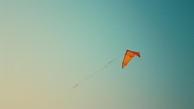 A lonely orange kite flies high in the blue sky on a sunny day