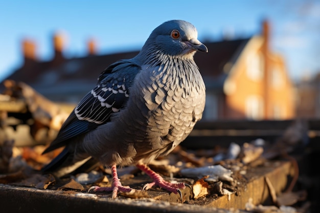 Lonely pigeon on a busy city curious look generative IA