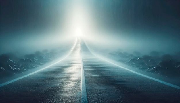 A lonely road leading to a bright light in a misty rainy atmosphere concept of journey and mystery Generative AI Generative AI