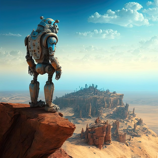 Lonely robot looking at the city far away on the horizon Retro futuristic robot or androing on the cliff Generative AI