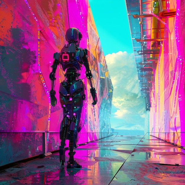 Photo a lonely robot walking through a colorful and reflective city street with a sense of wonder