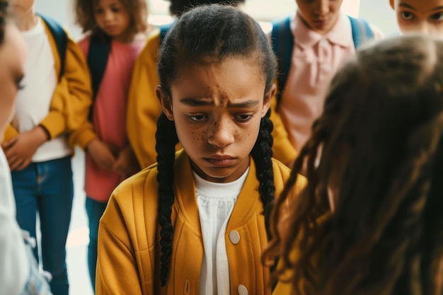 Photo lonely sad africanamerican schoolgirl crying while all her classmates ignoring her social exclusio