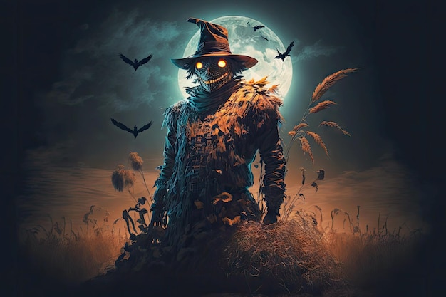 Lonely scarecrow in gloomy field with pumpkins and frightened birds in full moon