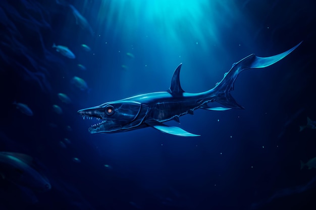 A lonely shark is hunting in the dark ocean AI generated