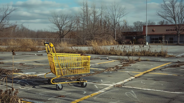 A lonely shopping cart sits in an abandoned parking lot The sky is cloudy and the trees are bare The scene is one of desolation and loneliness