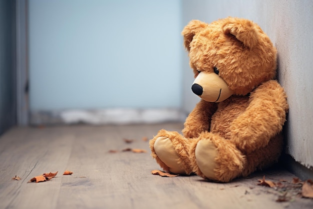 Lonely sorrow Childs teddy bear leans against wall expressing sadness