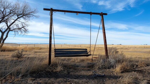 Lonely swing in the middle of a rural field The swing is made of wood and metal and is attached to a metal frame