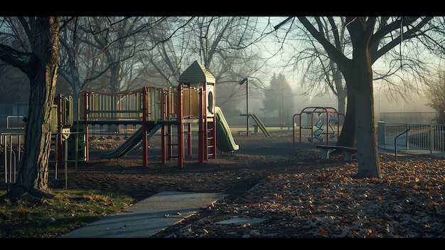 A lonely swing set sits in an empty playground surrounded by fallen leaves