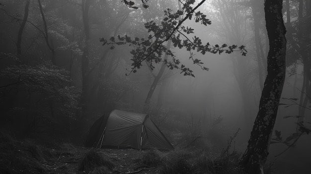 Photo lonely tent camping in dark misty forest in black and white