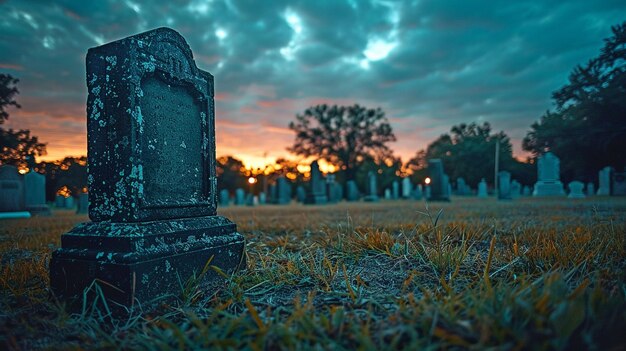 A lonely tombstone in a quiet cemetery at night