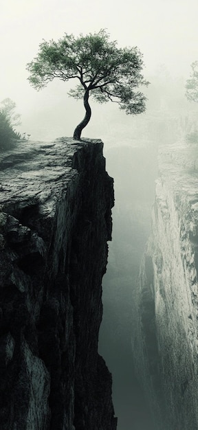 Photo lonely tree on cliff edge symbol of resilience and natures beauty