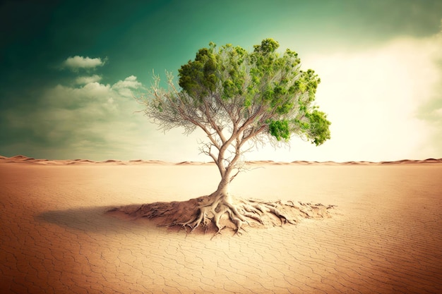 Lonely tree dying in sultry desert without water