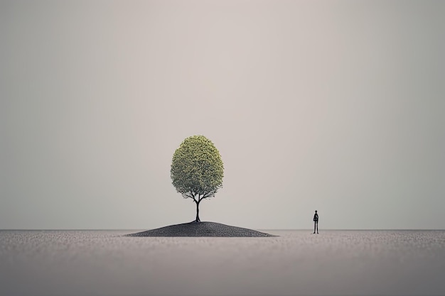 lonely tree in the field with a white cloud and a lonely man in front of it concept of environmenta