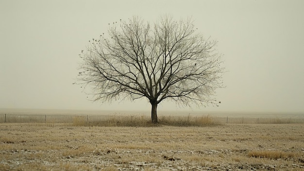 Lonely tree in the foggy winter field with no leaves