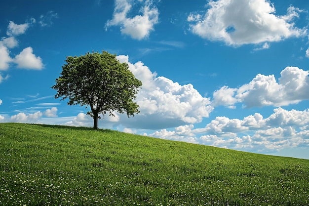 Lonely tree on a green meadow and blue sky with clouds