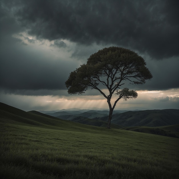 A lonely tree under heavy clouds through which rays of sunlight break through