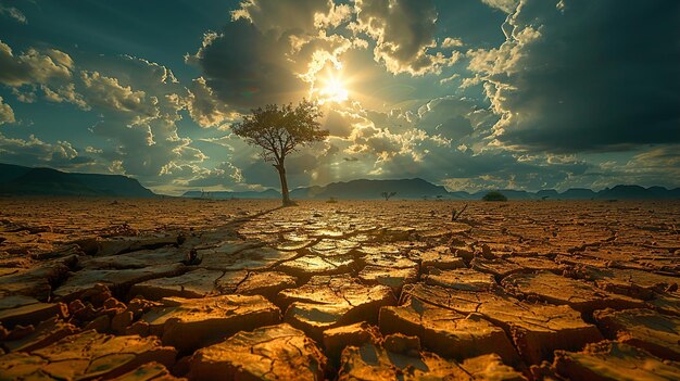 a lonely tree in the middle of a desert with a sunset in the background