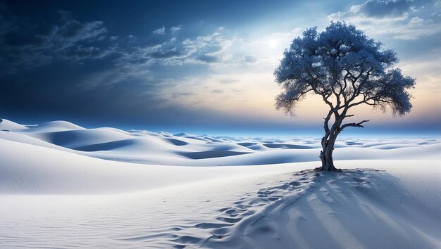 a lonely tree in the middle of a white desert