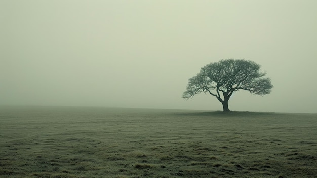 Lonely tree in a misty field in the English countryside