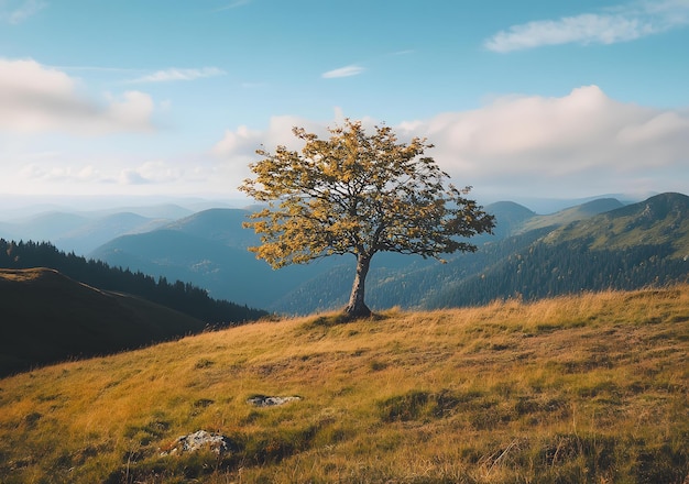 Photo lonely tree on a mountain top with a blue sky background