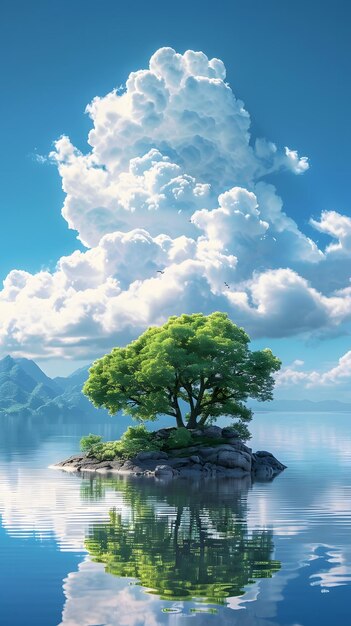 Lonely Tree on a Rock in the Middle of a Lake with a Large Cloud Overhead