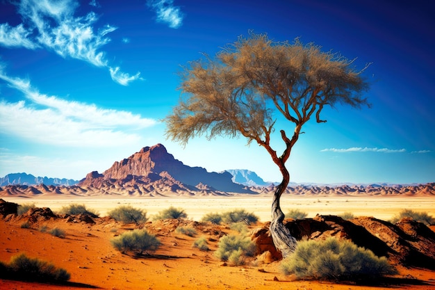 Lonely tree and small shrub grow contrary to conditions of life in desert