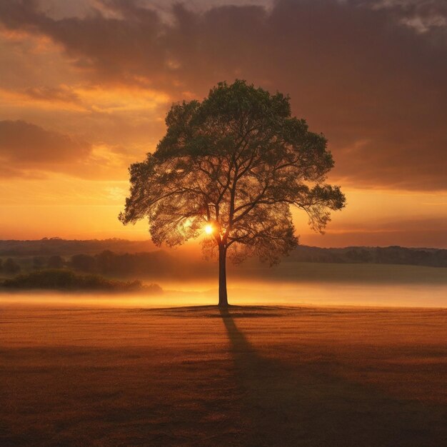 Lonely tree in sunset Created by AI