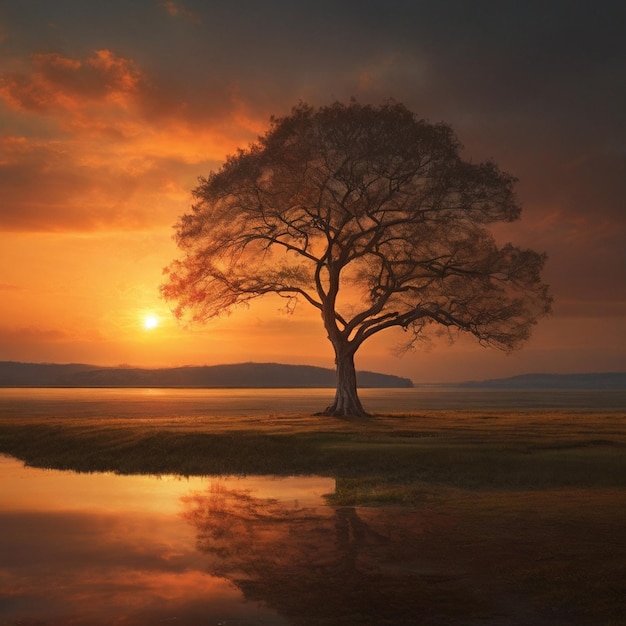 Lonely tree in sunset Created by AI