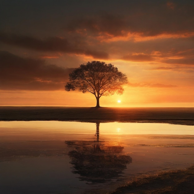 Lonely tree in sunset Created by AI