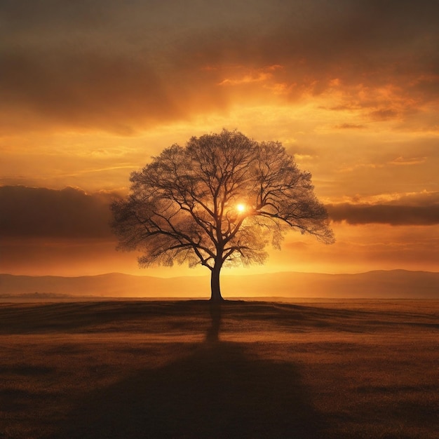 Lonely tree in sunset Created by AI