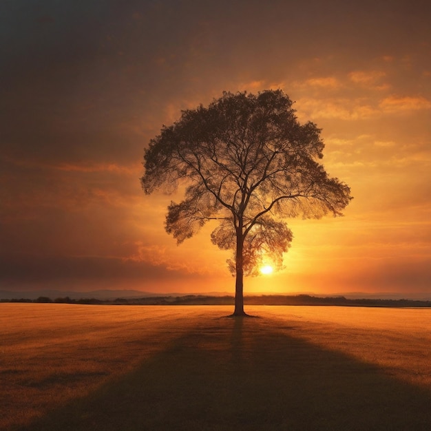 Lonely tree in sunset Created by AI