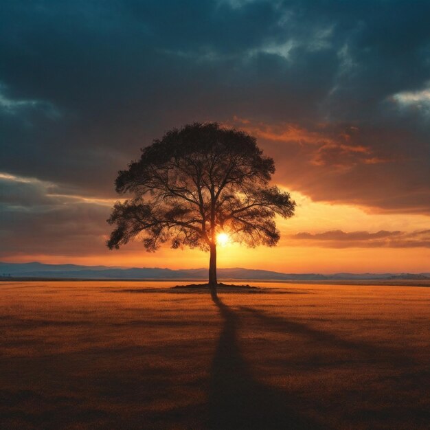 Lonely tree in sunset Created by AI