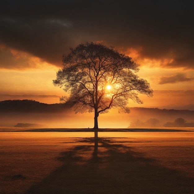 Lonely tree in sunset Created by AI