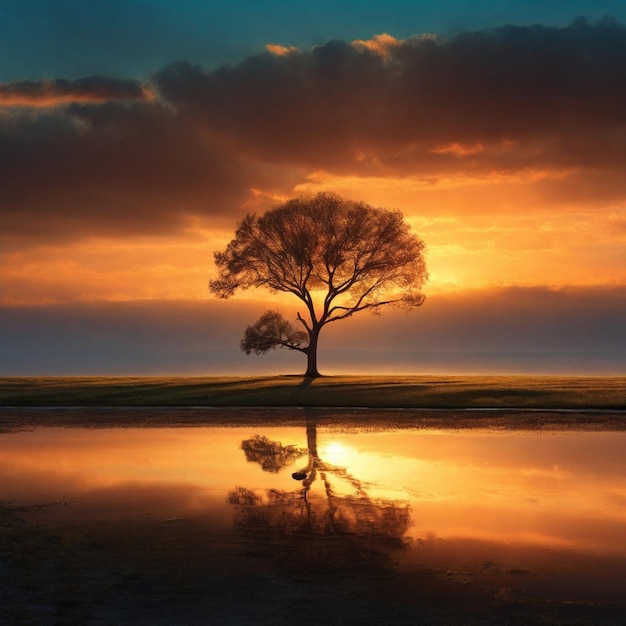 Lonely tree in sunset Created by AI