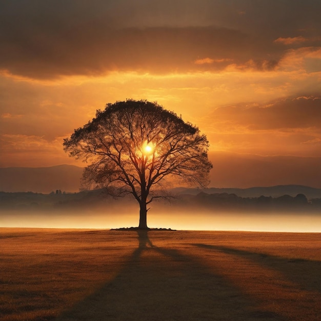 Lonely tree in sunset Created by AI