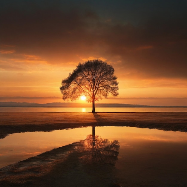 Lonely tree in sunset Created by AI