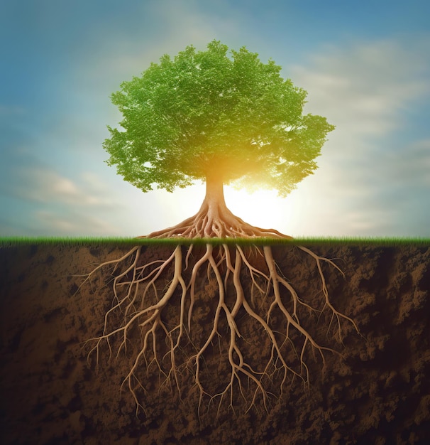 Lonely tree with its root system growing deep into the ground soil cross section Generative AI illustration