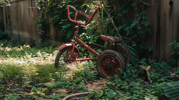 A lonely tricycle sits abandoned in a backyard overgrown with weeds and vines