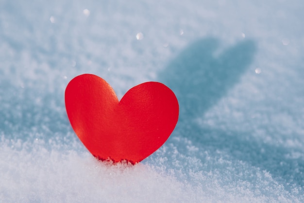 Lonely valentine. Red heart in cold, frosty morning snow. Valentines Day.