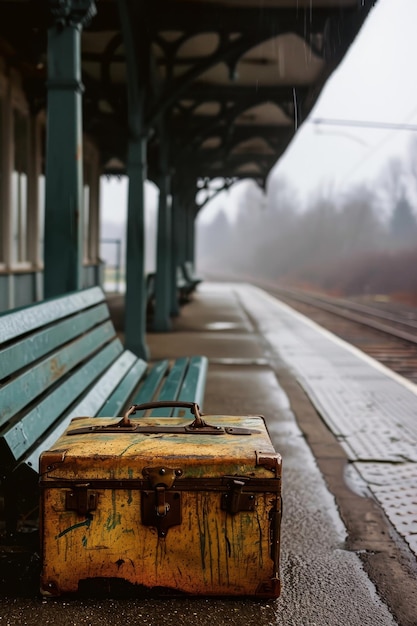 A lonely vintage luggage bag on a deserted railway platform AI generated illustration