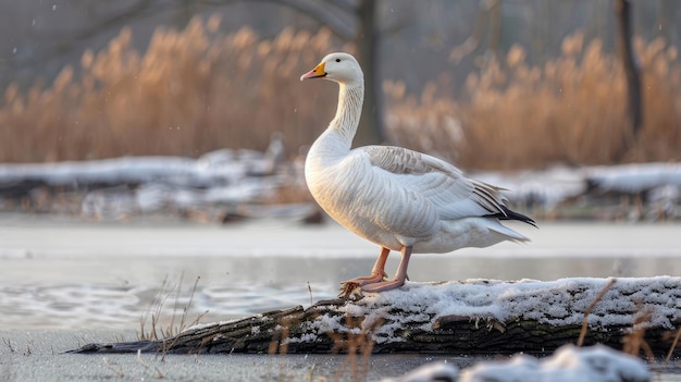 Lonely white goose sitting on a log in snowy landscape