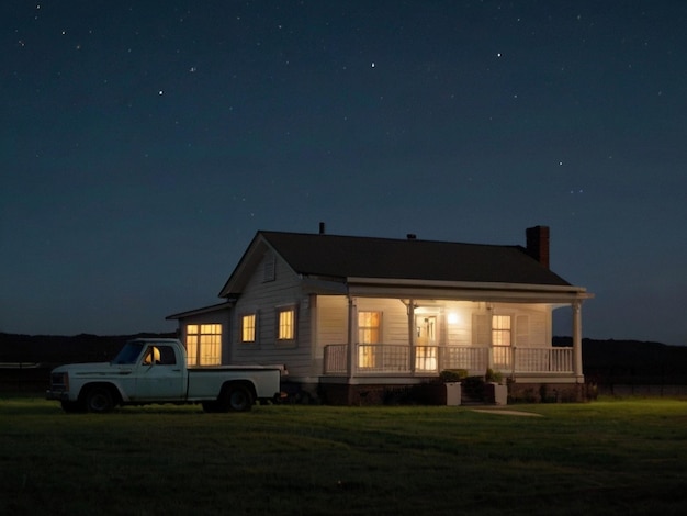 A lonely white house in a grassy garden and a truck in front of the house night sky Created by AI