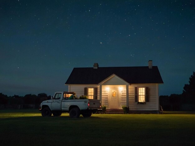 A lonely white house in a grassy garden and a truck in front of the house night sky Created by AI