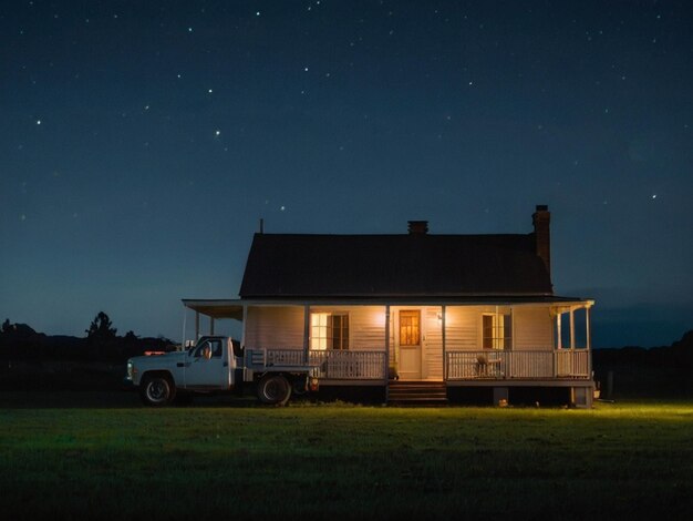 A lonely white house in a grassy garden and a truck in front of the house night sky Created by AI