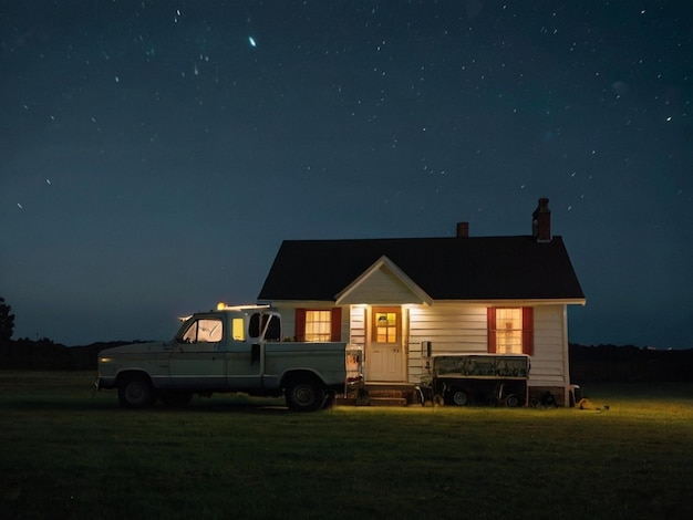 A lonely white house in a grassy garden and a truck in front of the house night sky Created by AI