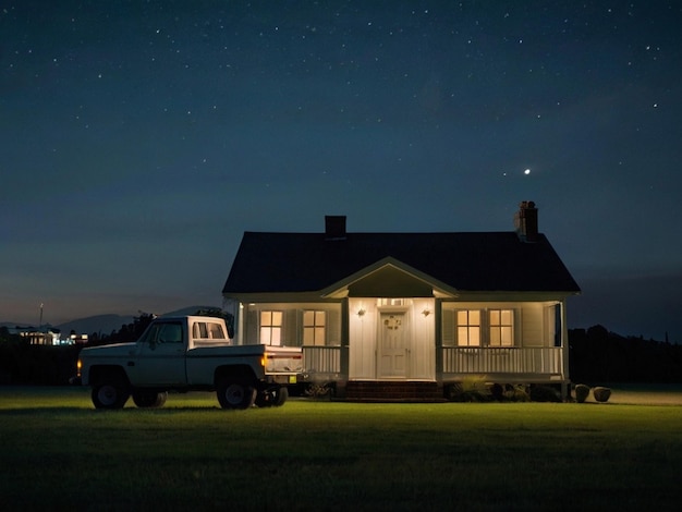 A lonely white house in a grassy garden and a truck in front of the house night sky Created by AI