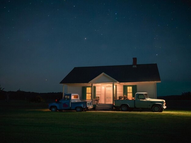 A lonely white house in a grassy garden and a truck in front of the house night sky Created by AI