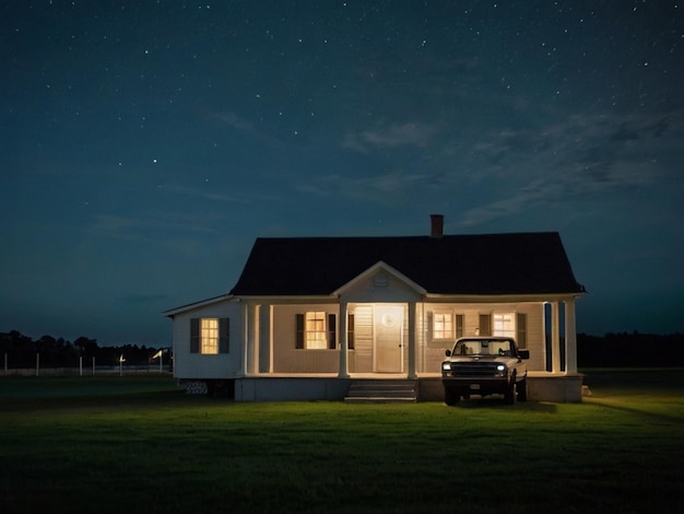 A lonely white house in a grassy garden and a truck in front of the house night sky Created by AI